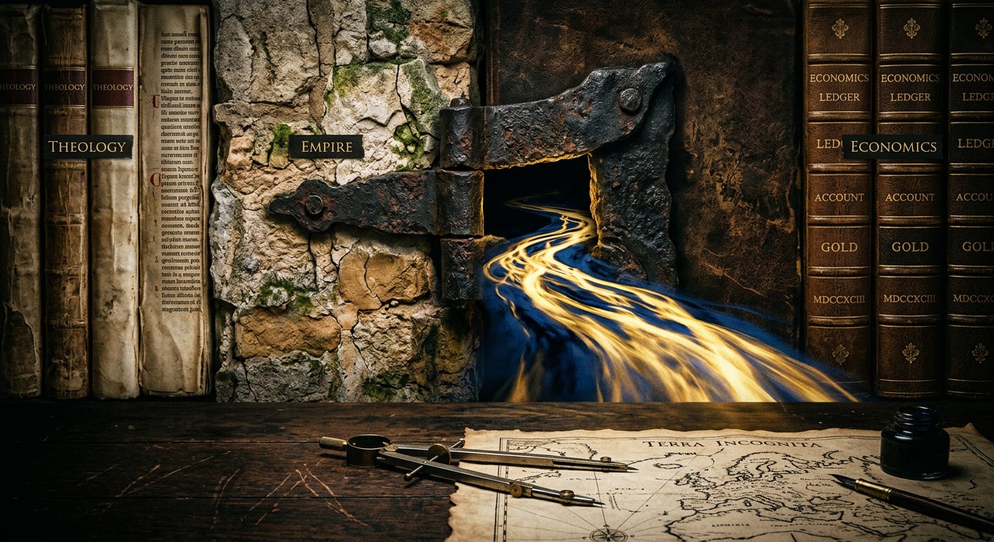 A conceptual image of a massive iron hinge connecting layers of ancient stone, theology books, and financial ledgers, with light flowing through the opening onto a modern map.