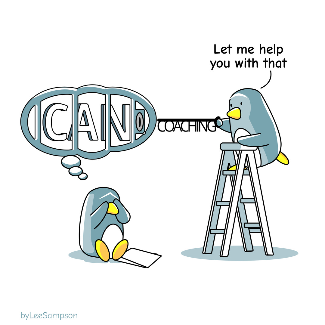 A leadership cartoon about effective coaching featuring penguins by Lee Sampson