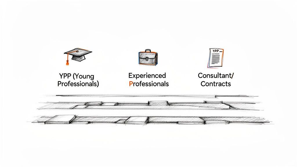 Diagram showing career paths for Young, Experienced, and Consultant Professionals with icons.