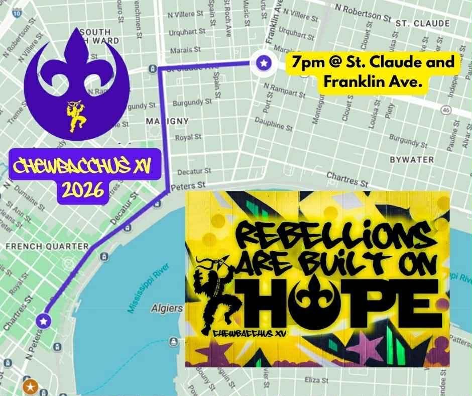 May be a graphic of ‎text that says '‎St Villere SOUTH WARD SI Marais N Robertson St ST. CLAUDE NVillereS st Spain RochAve 5 anu Urquhartst Ausic rtsS Villere St UrquhartSt St Maral 7pm @ St. Claude and Franklin Ave. ဟဲ Rampart St Montegut Indepe Clouet Treme gundy St Spain م Burgundy ST MA IGNY RoyalSt Dauphine St lety CHEWBACCHUS ν Dumaine Sz 2026 Ann DecaturS Decatur St Peters St Burgundy St Pauline Alvars BYWATER Chartres FRENCH QUARTER RoyalSt Chartres Peters REBELLIONS River BUILTON Mississippi Algiers H EФPE CAEWBALTAUSV FKIY お Pattere Eliza St Po ndee‎'‎