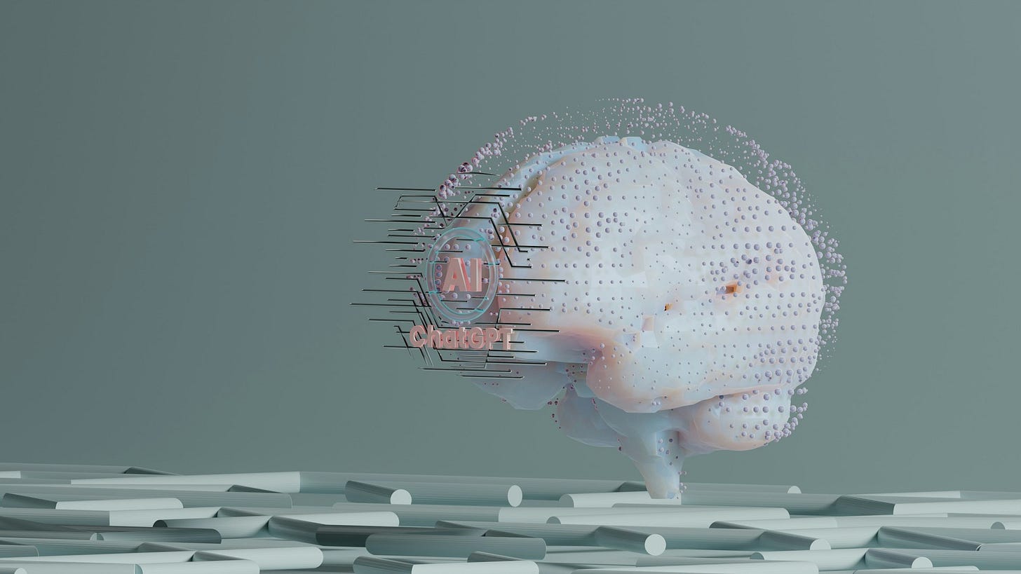 A pastel 3D illustration of a human brain made of soft geometric shapes and floating particles, paired with circuitry lines and an "AI" emblem, symbolizing artificial intelligence and digital cognition. Photo by Growtika on Unsplash