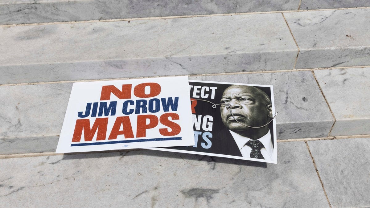 Protest signs are displayed on the exterior steps of the Alabama state capitol building during the National Day of Action: All Roads Lead to the South rally against redistricting efforts, in Montgomery, Alabama, U.S. May 16, 2026. Protest signs are displayed on the exterior steps of the Alabama state capitol building during the National Day of Action: All Roads Lead to the South rally against redistricting efforts, in Montgomery, Alabama, U.S. May 16, 2026.
