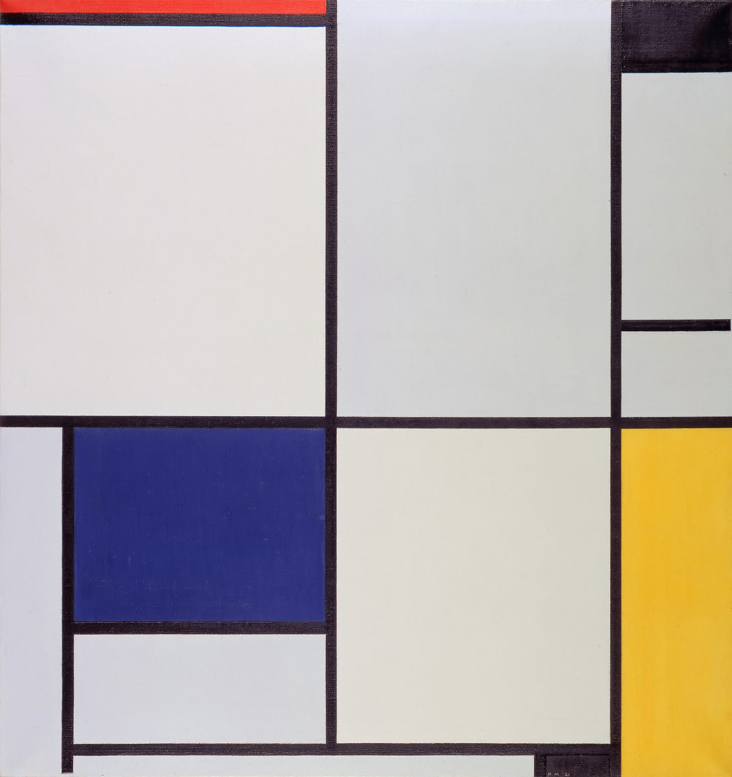 Piet Mondrian's Tableau I, a 1921 painting applying neoplasticism with black grid lines and blocks of red, yellow, and blue Piet Mondrian's Tableau I, a 1921 painting applying neoplasticism with black grid lines and blocks of red, yellow, and blue