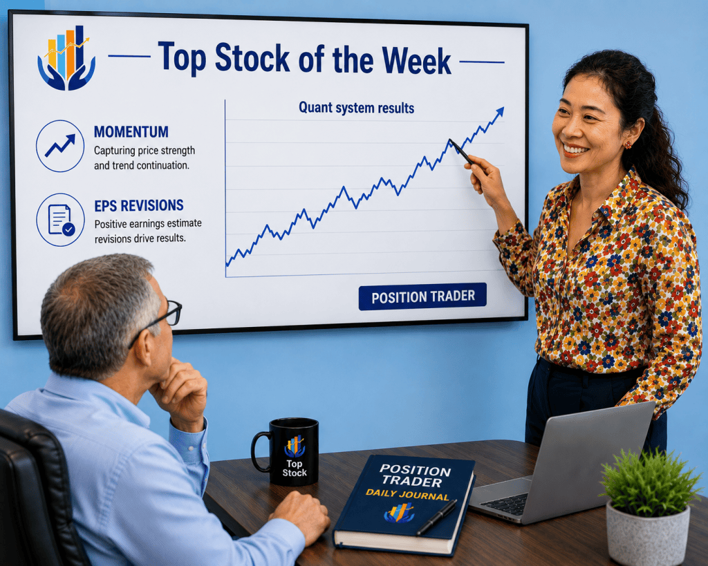 A woman points at a graph displaying an upward trend on a screen, while a man observes and holds a mug. The screen includes headings for 'Momentum' and 'EPS Revisions.' A notebook titled 'Position Trader Daily Journal' is on the table alongside a laptop and a potted plant. A woman points at a graph displaying an upward trend on a screen, while a man observes and holds a mug. The screen includes headings for 'Momentum' and 'EPS Revisions.' A notebook titled 'Position Trader Daily Journal' is on the table alongside a laptop and a potted plant.