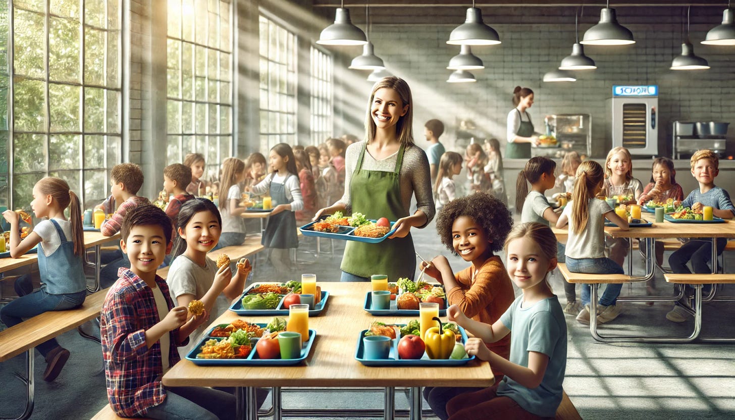 A photo-realistic scene inside a school cafeteria during lunchtime. A diverse group of children are happily eating nutritious meals at their tables, with trays filled with colorful fruits, vegetables, and balanced meals. In the background, a friendly cafeteria worker serves food with a warm smile. The environment feels welcoming and positive, emphasizing the importance of access to healthy meals for all students, regardless of family income. Natural light streams in from large windows, adding to the sense of well-being and community.