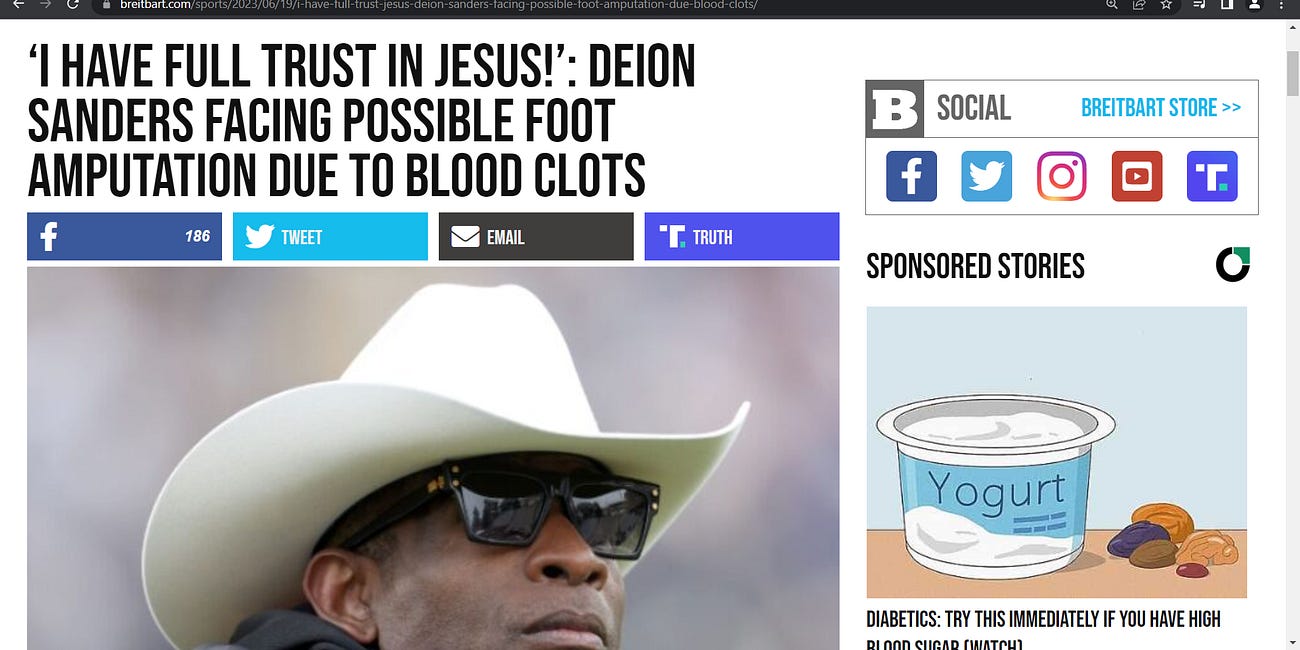 NFL's great Deion Sanders (Neon Deion): ‘I Have Full Trust in Jesus!’: Deion Sanders Facing Possible Foot Amputation Due to Blood Clots'; I wrote prior that DO NOT disregard the potential role of mRNA
