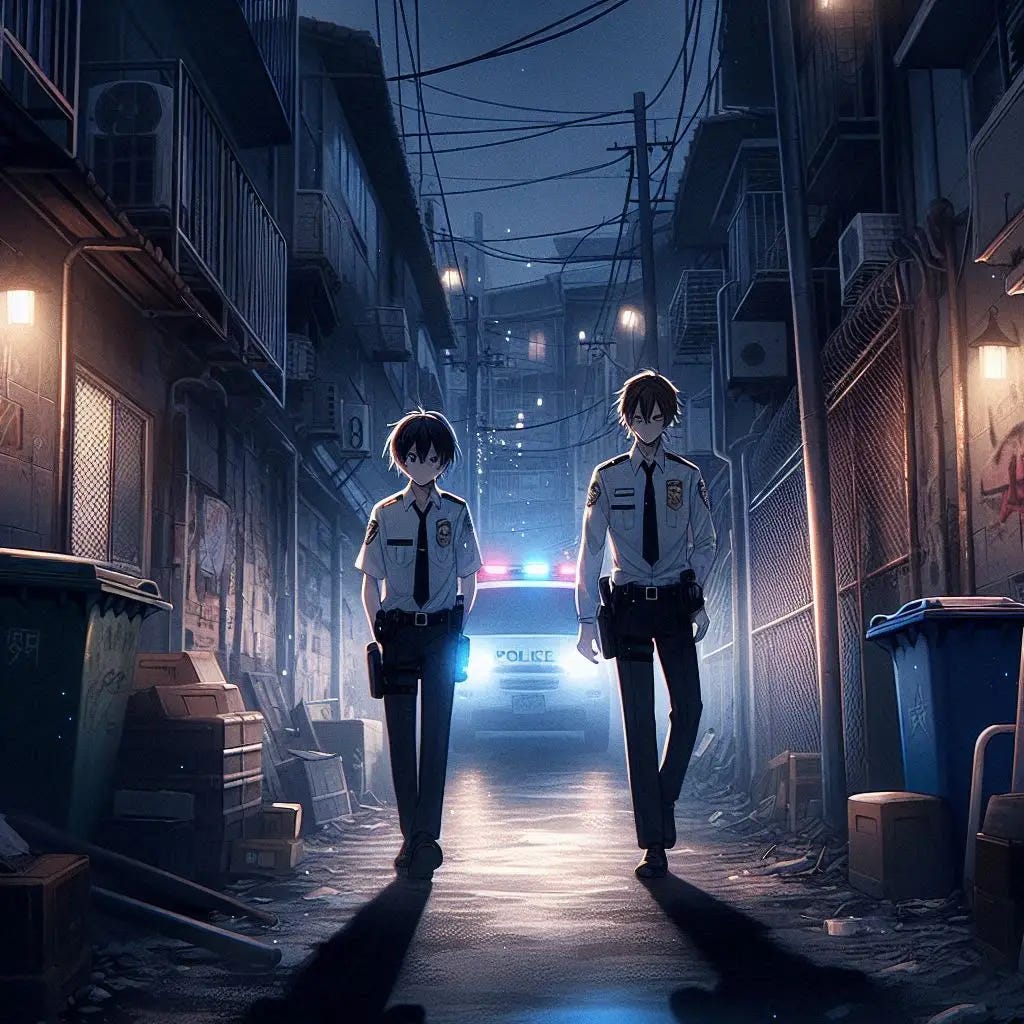 two police officers walking in a back alleyway to a cheap apartment complex. anime art style. dark.