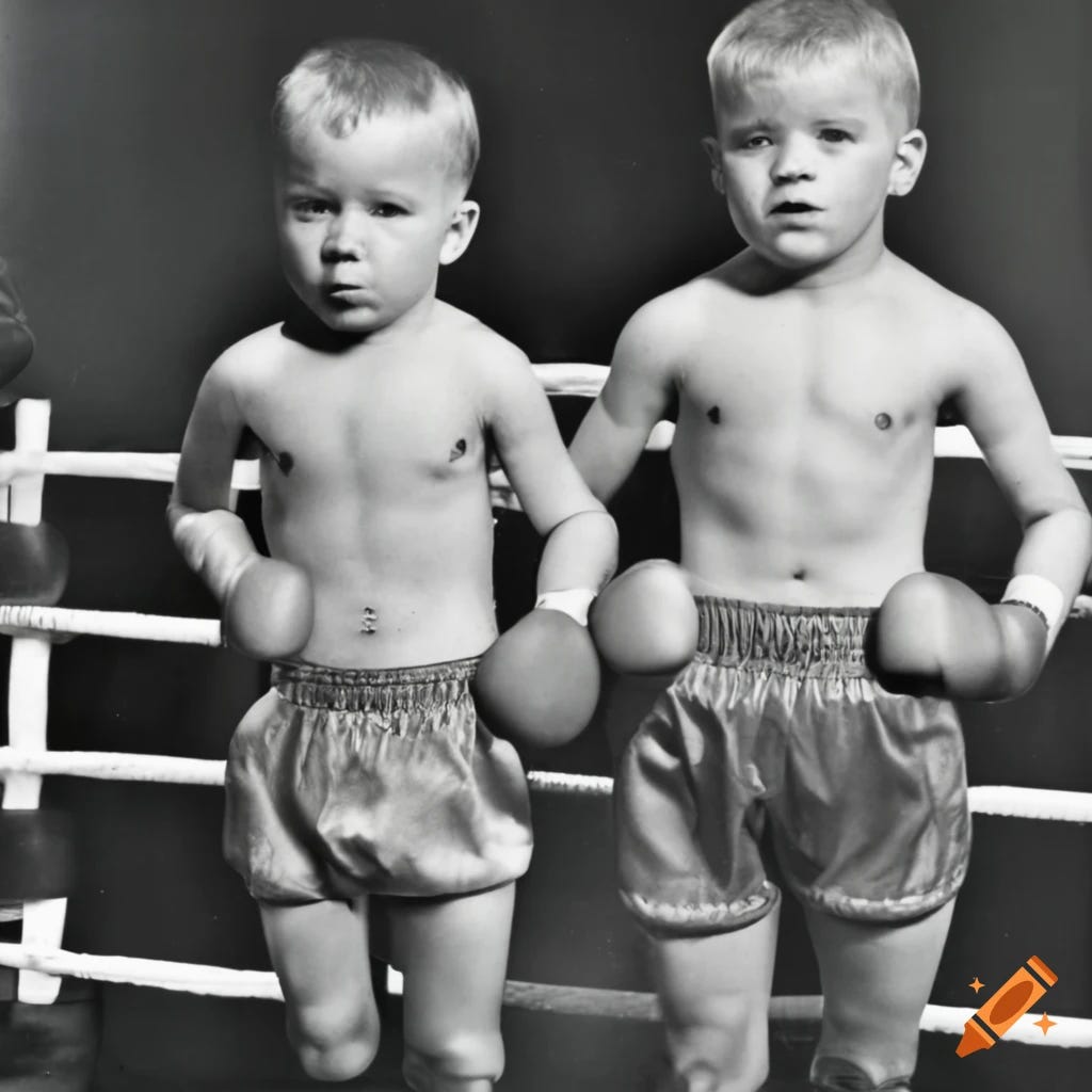 Vintage photograph of three boys in boxing ring on Craiyon