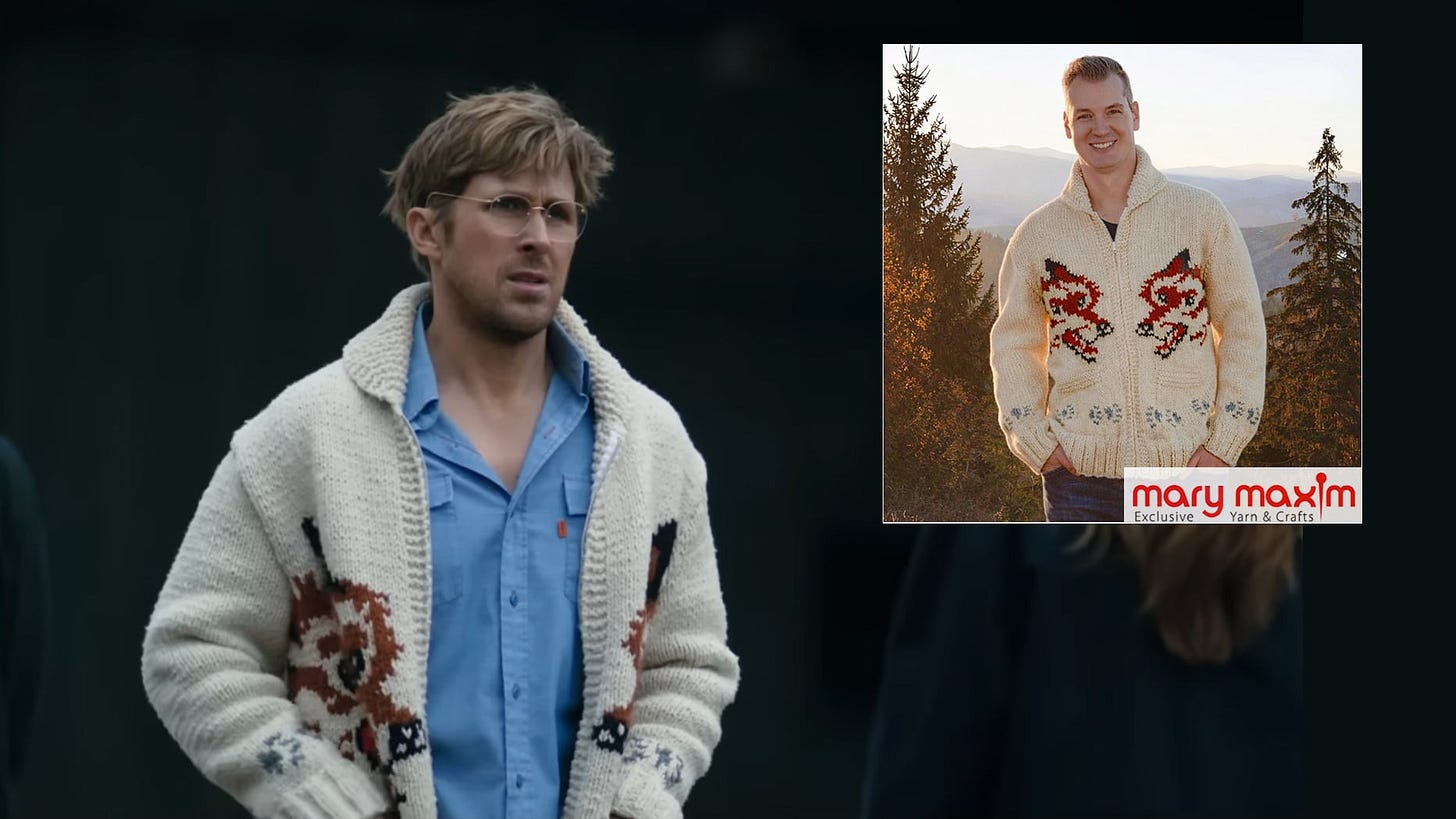 Ryan Gosling in a knit sweater. Overlay of the knit sweater on a model.