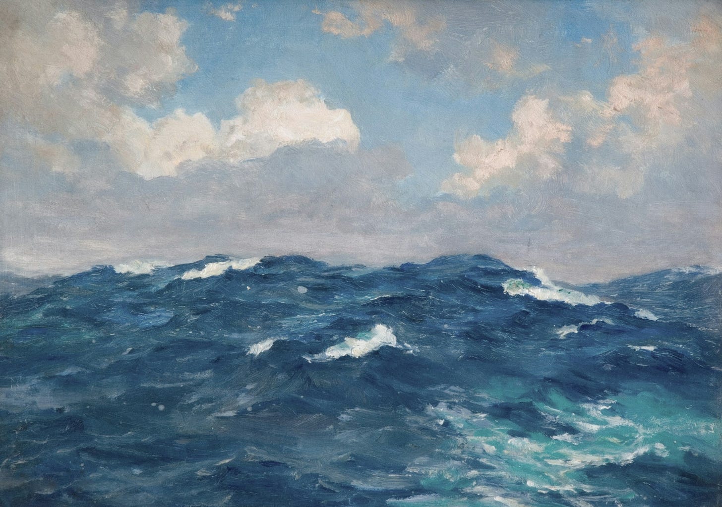 A painting of an ocean swell with a couple of small whitecaps against a white and grey clouded sky