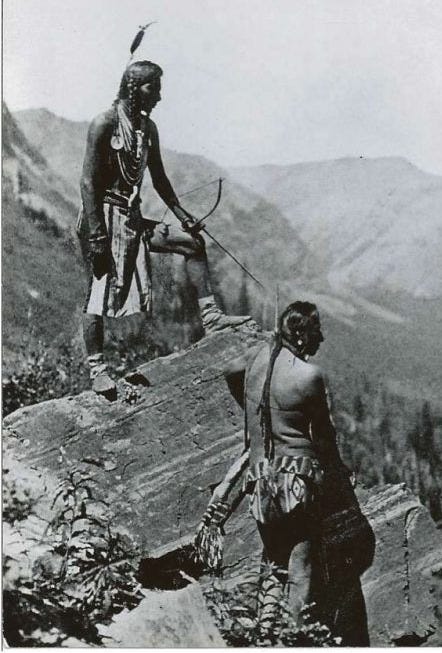 Black Bull and Stabs-by-Mistake at lower end of Cutbank Canyon (Blackfeet Tales of Glacier National Park, 1916)