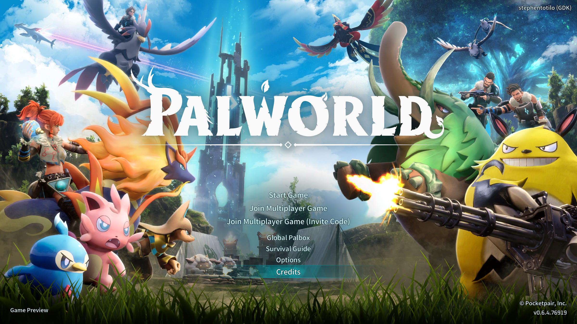 Screenshot of Palworld's title screen, showing the game's logo, a lot of colorful critters and a list of text options that include "Start Game", "Options" and "Credits" Screenshot of Palworld's title screen, showing the game's logo, a lot of colorful critters and a list of text options that include "Start Game", "Options" and "Credits"