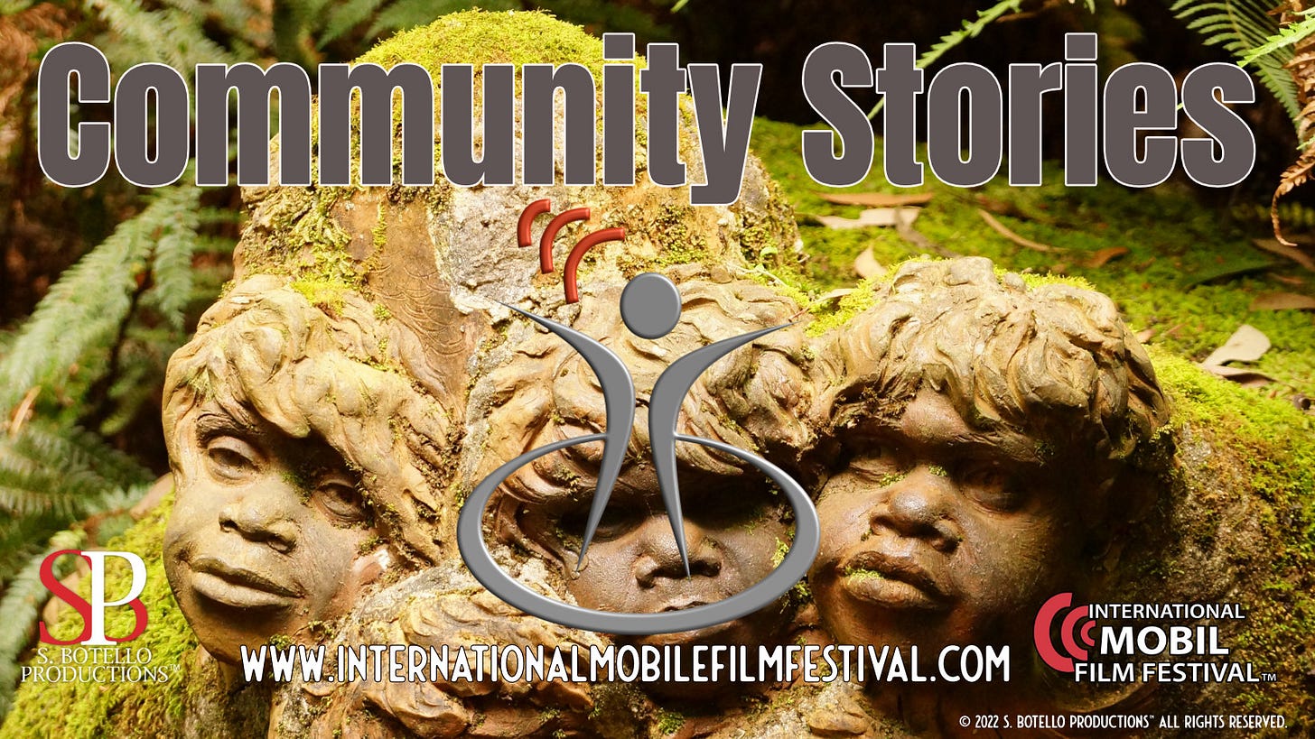 Graphic text and logo embedded into a photograph of aborigine children carved from rocks in evergreen forest setting.