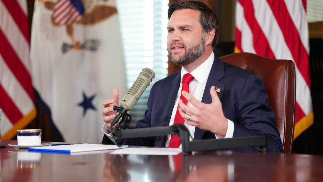 Vice President JD Vance hosts an episode of the Charlie Kirk Show in the Eisenhower Executive Office Building on Monday. Kirk was killed last week while speaking at Utah Valley University.