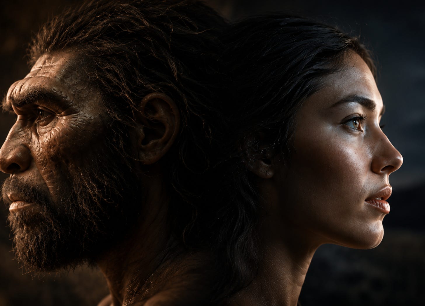 Cinematic profile of a Neanderthal man and modern woman facing opposite directions in dramatic light. Cinematic profile of a Neanderthal man and modern woman facing opposite directions in dramatic light.
