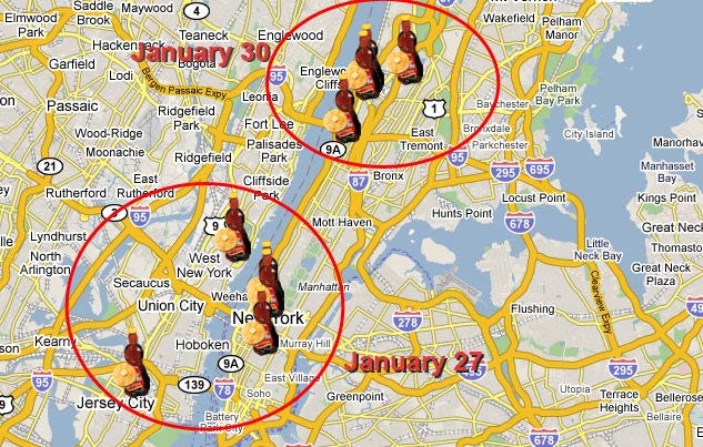 Map from The Gothamist of syrup smell incidents in 2009