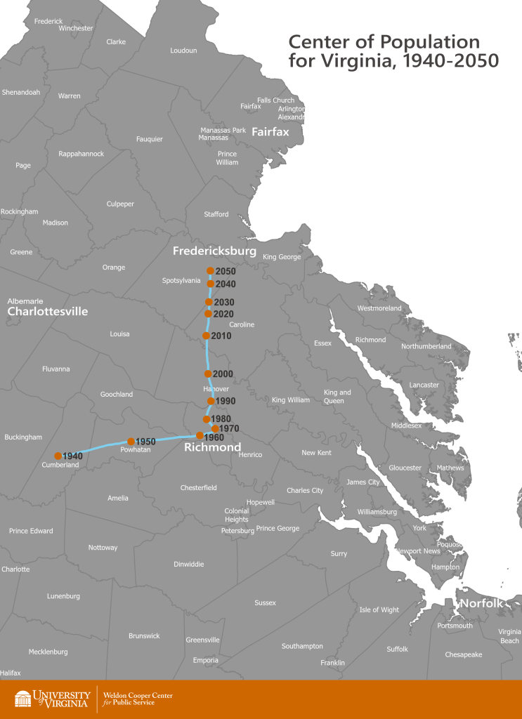 How Virginia's center of population has changed and likely will change. Courtesy of Weldon Cooper Center for Public Service, the University of Virginia. 