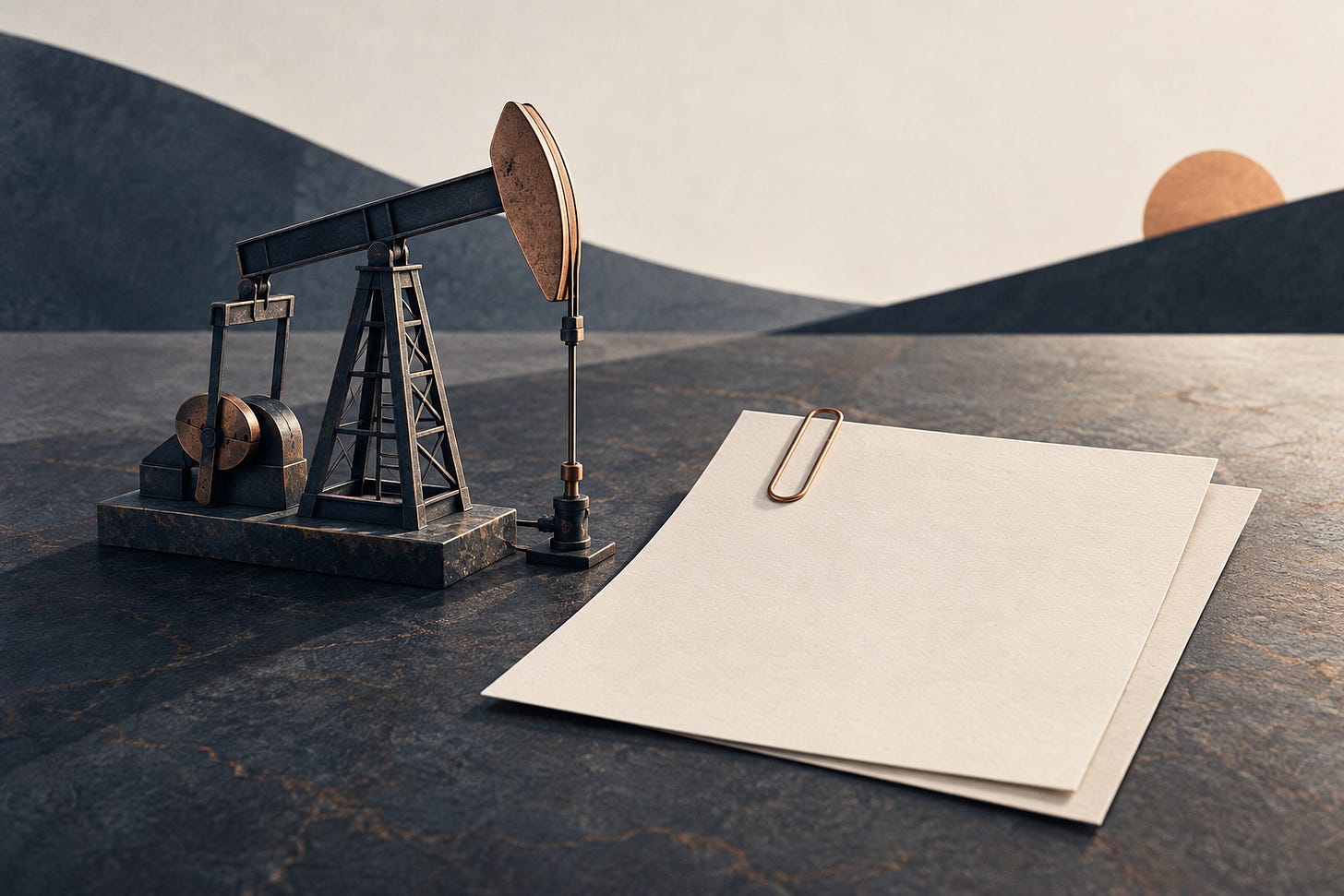 Editorial illustration of an oil pumpjack beside unmarked deal papers. Editorial illustration of an oil pumpjack beside unmarked deal papers.