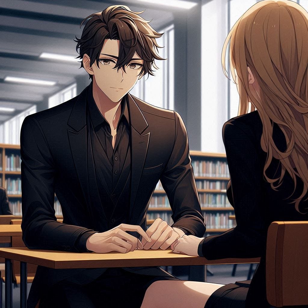 A young and skinny man with well styled brown hair and a fully black suit and black shirt and no tie sitting at a table a with blonde woman in college library. Anime art style. dark. modern. A young and skinny man with well styled brown hair and a fully black suit and black shirt and no tie sitting at a table a with blonde woman in college library. Anime art style. dark. modern.