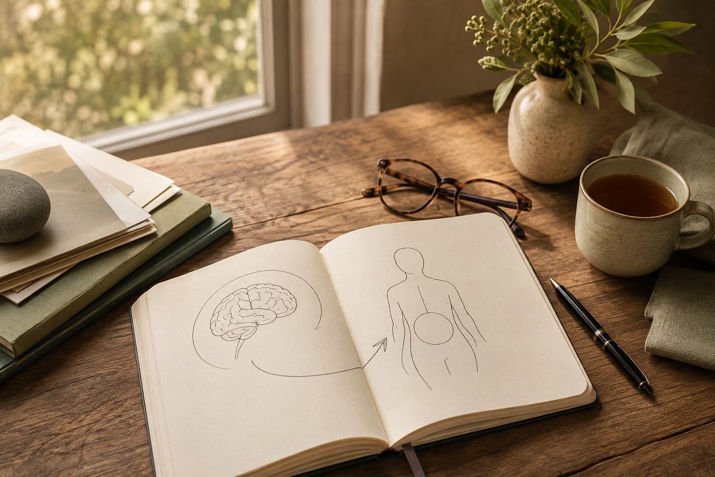 Workshop notes and a simple brain–body sketch representing Kay’s early discovery of Clinical EFT.