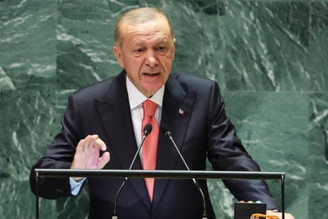 Recep Tayyip Erdoğan, President of the Republic of Türkiye, speaks during the United Nations General Assembly (UNGA) at the United Nations headquarters on September 24, 2024 in New York City. Recep Tayyip Erdoğan, President of the Republic of Türkiye, speaks during the United Nations General Assembly (UNGA) at the United Nations headquarters on September 24, 2024 in New York City.