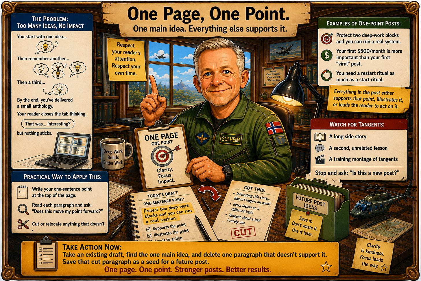 Caricature-style illustration of a seasoned military pilot seated in a warm aviation-themed office. Wearing a green flight suit without a helmet, he holds a clipboard labeled “One Page, One Point” featuring a target symbol and the words “Clarity. Focus. Impact.” Around him are instructional panels explaining how weak posts suffer from too many competing ideas and how stronger posts focus on one main message. One panel shows a writer starting with one idea and gradually adding more until the message becomes diluted. Other panels provide examples of focused posts, practical editing steps, and warnings about tangents such as unrelated lessons and side stories. A notebook on the desk highlights a single sentence point, while a nearby folder labeled “Future Post Ideas” encourages saving removed paragraphs for later use. The overall message emphasizes respecting the reader’s attention by ensuring every paragraph supports one clear idea. Caricature-style illustration of a seasoned military pilot seated in a warm aviation-themed office. Wearing a green flight suit without a helmet, he holds a clipboard labeled “One Page, One Point” featuring a target symbol and the words “Clarity. Focus. Impact.” Around him are instructional panels explaining how weak posts suffer from too many competing ideas and how stronger posts focus on one main message. One panel shows a writer starting with one idea and gradually adding more until the message becomes diluted. Other panels provide examples of focused posts, practical editing steps, and warnings about tangents such as unrelated lessons and side stories. A notebook on the desk highlights a single sentence point, while a nearby folder labeled “Future Post Ideas” encourages saving removed paragraphs for later use. The overall message emphasizes respecting the reader’s attention by ensuring every paragraph supports one clear idea.