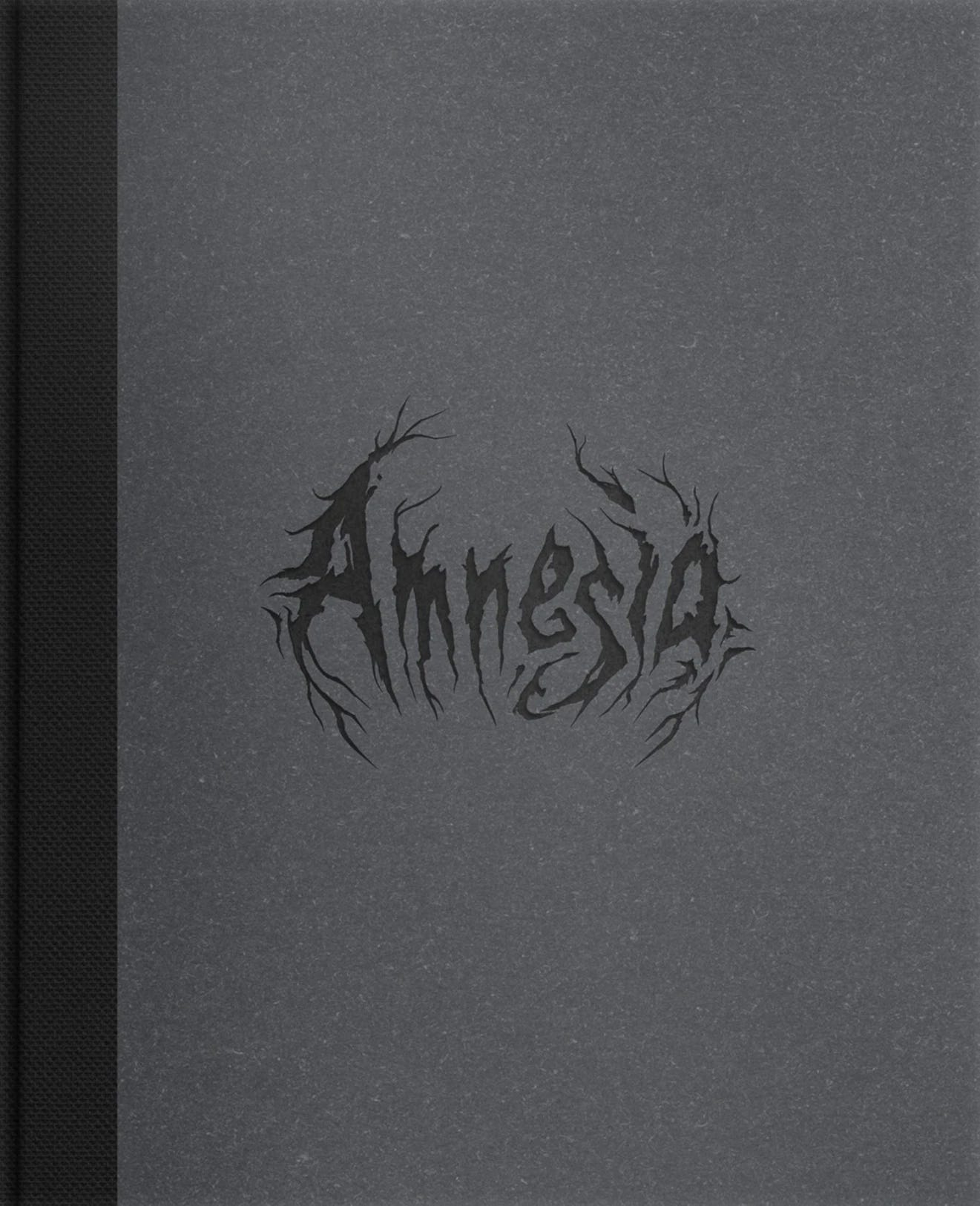 Cover of Amnesia, featuring a dark, textured gray background with the title written in a jagged, root-like black font that evokes horror and decay. The minimalist design and gothic typography suggest a mysterious, eerie theme, potentially linked to psychological or supernatural elements.