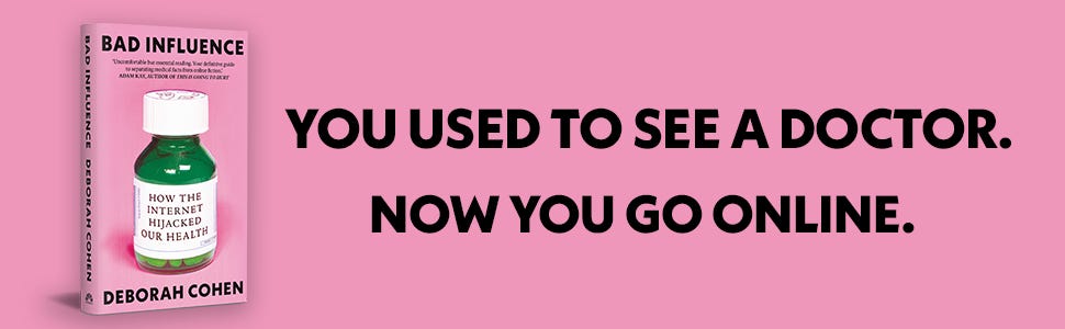 Text reads 'YOU USED TO SEE A DOCTOR. NOW YOU GO ONLINE.' Pink-tinted healthcare-related promotional images.