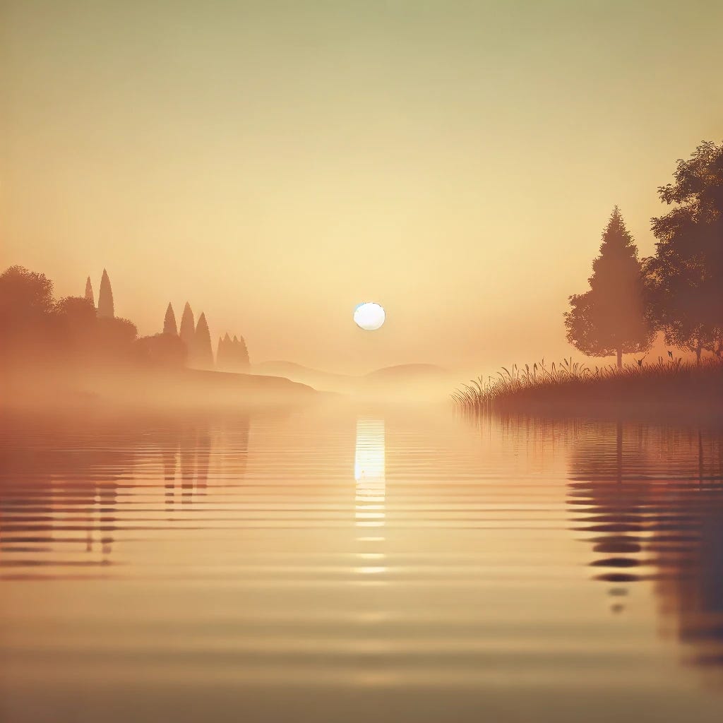 A simple, contemplative scene of a calm river at sunset with warm, soft colors. The scene is tranquil, with gentle reflections on the water and minimal details to emphasize peace and serenity. The overall mood should be introspective and soothing, ideal for quiet contemplation. Include subtle elements of nature such as trees and gentle ripples in the water.
