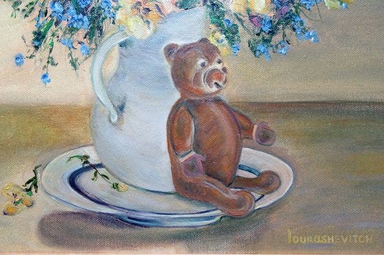 Pansies in a Jar Teddy Bear- Original Flowers Impressionism Oil on Canvas  Painting Modern Original non Abstract for Children Home Decor Gift  15,8x15,8 ...