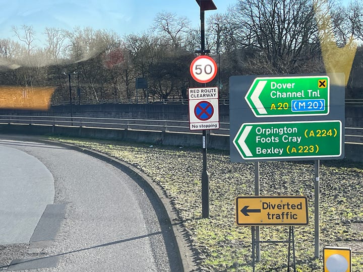 Photos showing road sign listing "Foots Cray" and a "Welcome to Bromley" sign.