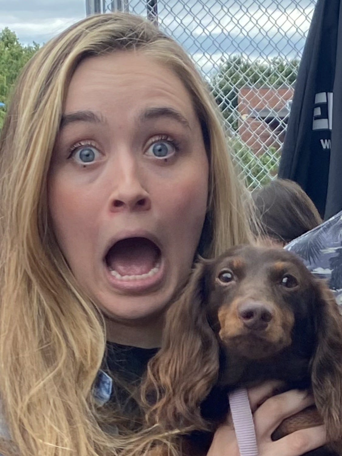 sarah with her mouth open and eyes wide holding the tiny dog walter who looks tough as hell