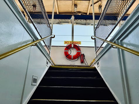 ship, decks, flag, boats, water, sky