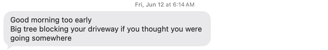 a screenshot of a message that reads: "good morning too early. big tree blocking your driveway if you thought you were going somewhere." a screenshot of a message that reads: "good morning too early. big tree blocking your driveway if you thought you were going somewhere."