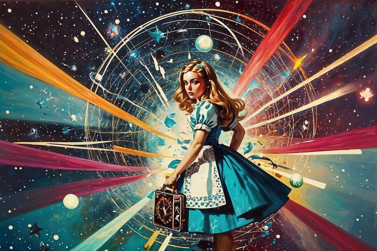 Alice, from Alice in Wonderland, looks over her shoulder as she faces the abyss with confidence