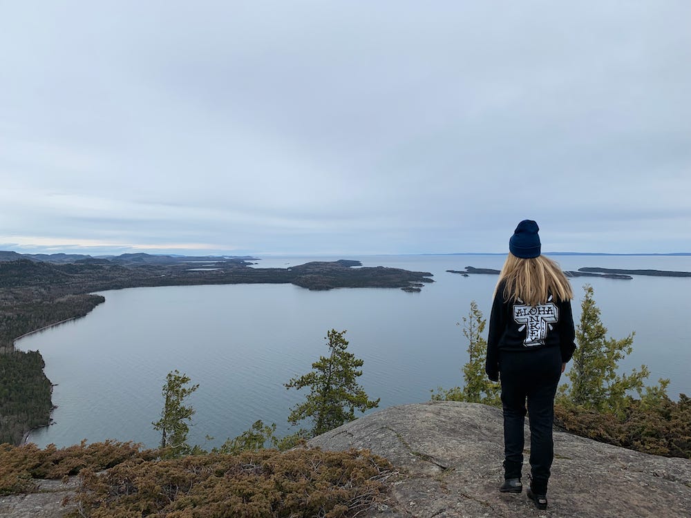Picture shows Lisa's friend viewing the lake with Canada peaking out in the distance. Picture shows Lisa's friend viewing the lake with Canada peaking out in the distance.