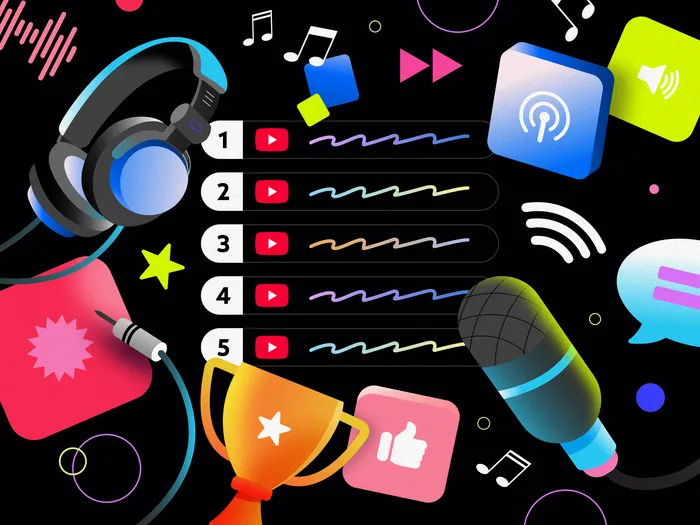 graphic announcing YouTube's new podcast chart, imagery is all related to audio and music