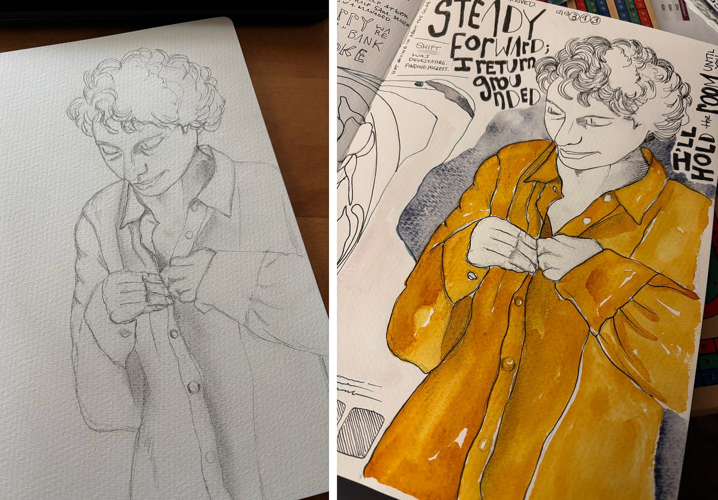 Pencil sketch and watercolor portrait in illustrated journal by Amy Cowen