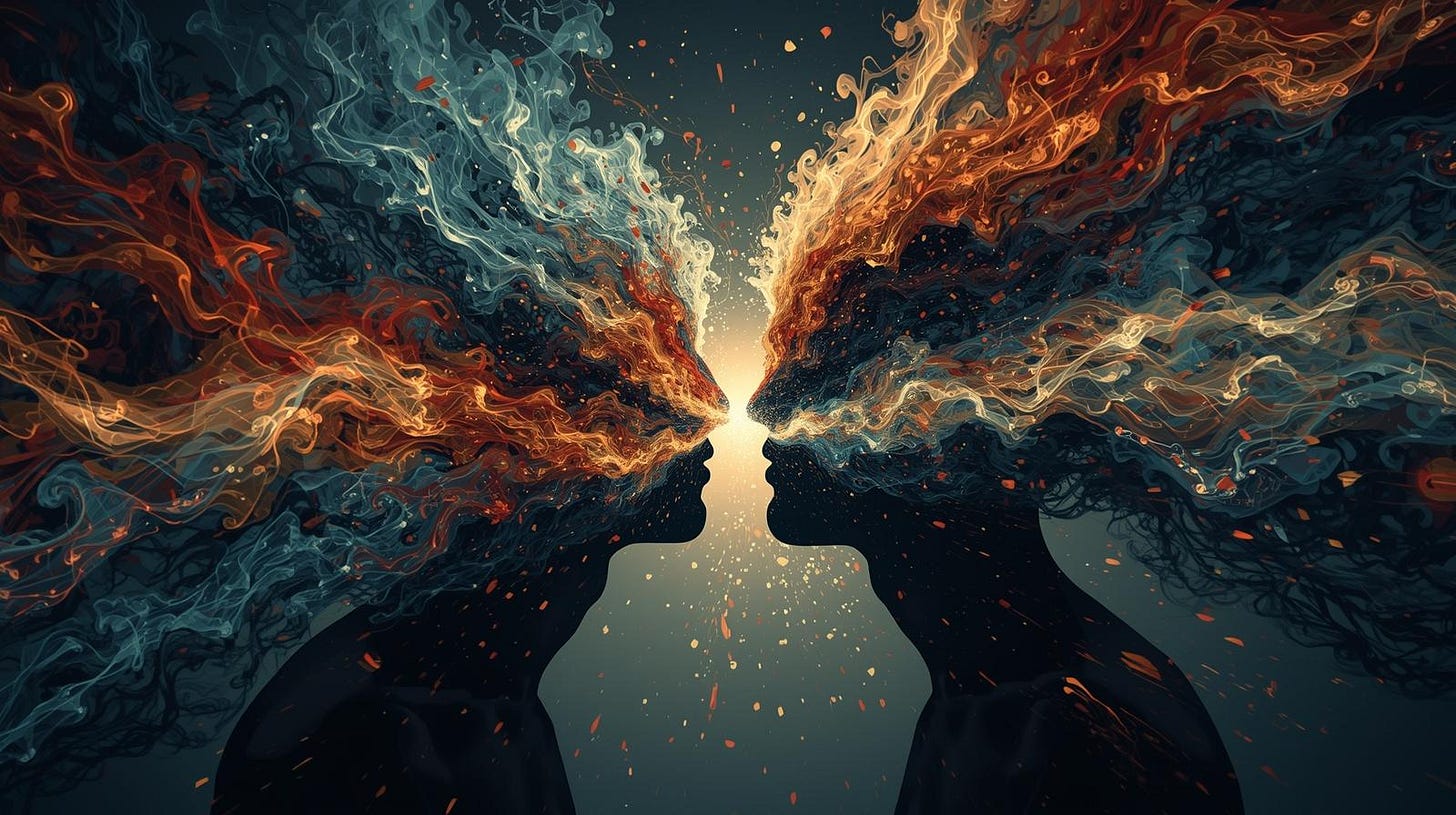 Two human silhouettes with clashing thought patterns