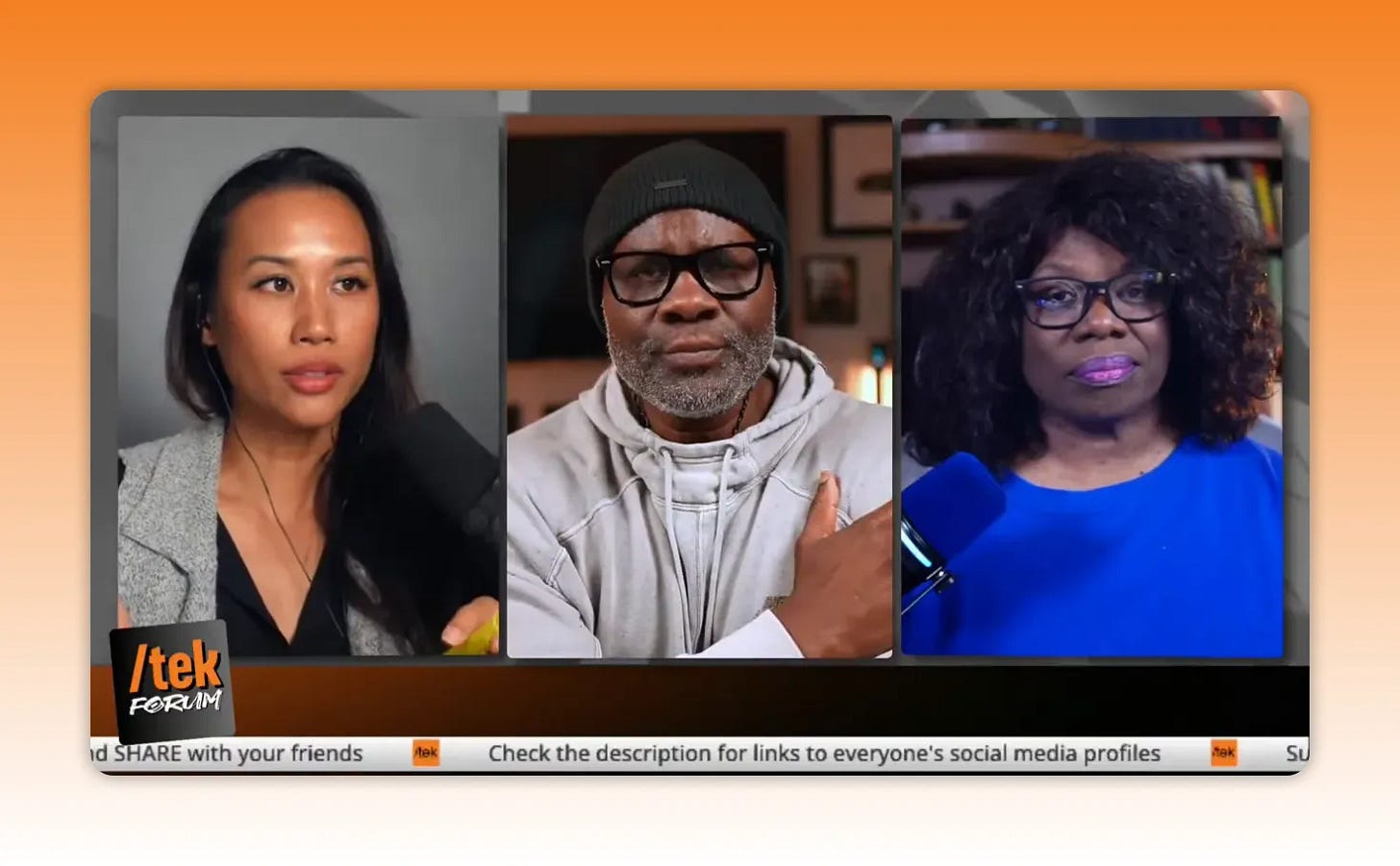 Clear split-screen of three presenters on a recorded panel, showing microphones and engaged expressions. Clear split-screen of three presenters on a recorded panel, showing microphones and engaged expressions.