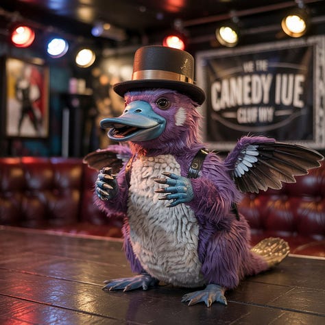 Steampunk purple platypus with wings on comedy stage candid photos by 4o, Ideogram 3.0, Reve 1.0