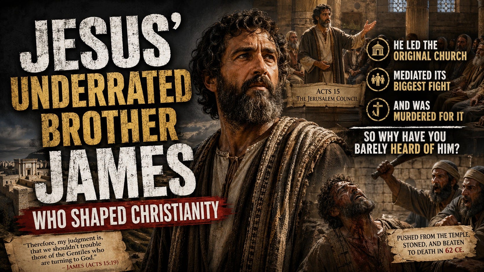 Illustration of James, the brother of Jesus, shown in ancient Middle Eastern clothing with scenes of early Christian Jerusalem in the background. Text highlights his leadership of the early church, his role in the Jerusalem Council, and his death in 62 CE.