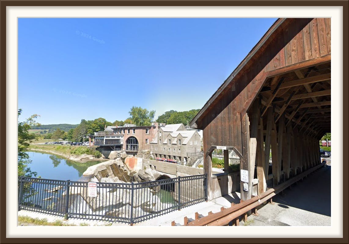 The mill and the covered bridge from the south end of the bridge, September 2024 The mill and the covered bridge from the south end of the bridge, September 2024