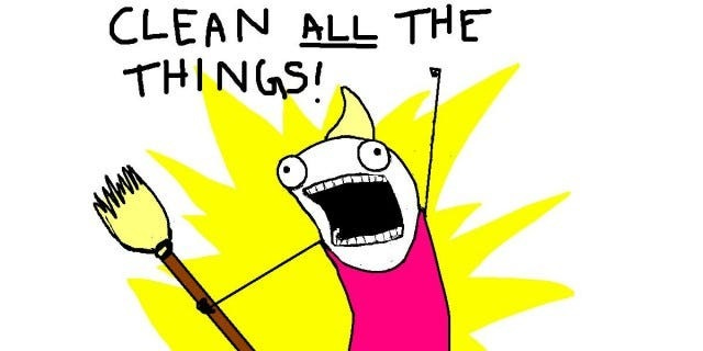 Clean all the things meme image by Allie Brosh, featuring a manic looking cartoon person shouting while holding a broom