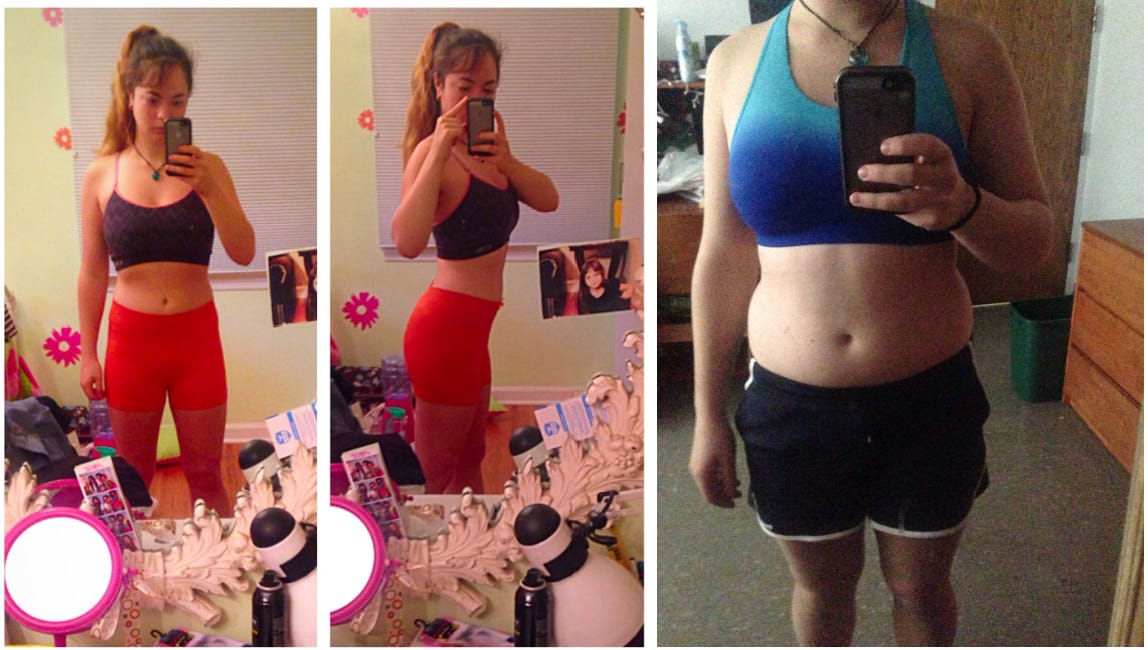 There are two pictures of the author wearing workout clothing. The second image shows a small amount of weight gain.