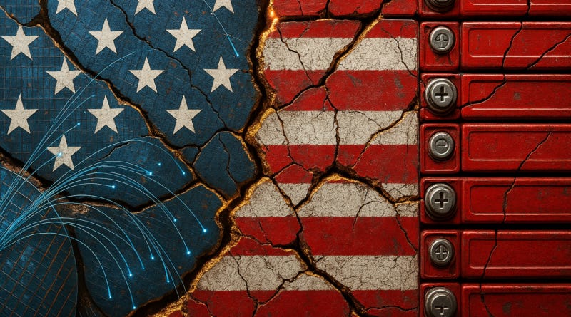 ChatGPT generated panoramic image of a cracked American flag made of silicon wafers, fiber optic cables, and EV batteries—all splintering at the rare earth seams