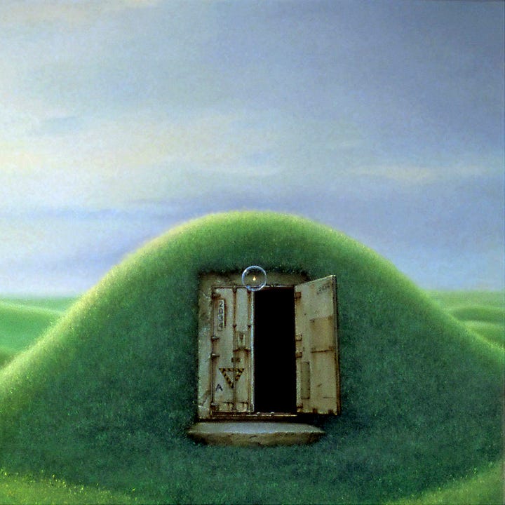 LEFT: Detail from WIDE featuring the mound on the left half of the painting with the closed set of double doors set in a concrete frame. Rust streaks down from the metal. The weathering suggests the doors have been endured for a long time.  RIGHT: Detail from WIDE featuring the mound on the right half of the painting. The right door swings open revealing nothing in the darkness within, however, a transparent sphere containing a solitary flame floats weightless up.