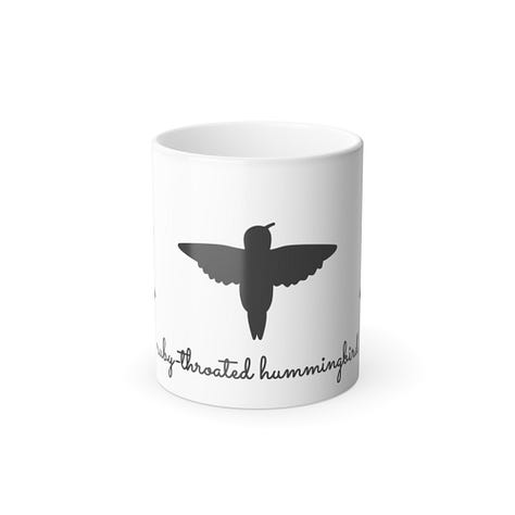 A gallery of three images shows the new Nature Moments Gear color-changing mug, featuring the Hummingbird Silhouettes design.