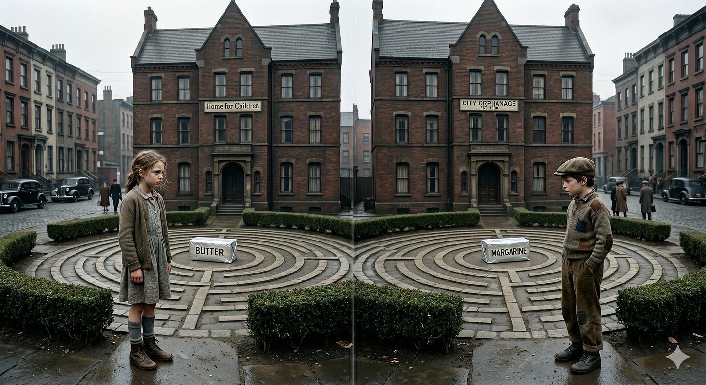 A boy and a girl stand in at the entrance to a maze in front of their orphanages. In the center of one maze, a stick of butter. In the center of the other maze, a stick of margarine. A boy and a girl stand in at the entrance to a maze in front of their orphanages. In the center of one maze, a stick of butter. In the center of the other maze, a stick of margarine.