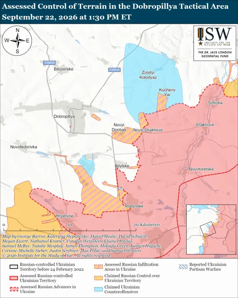 Map of Dobropillia and nearby towns, with Russian-controlled territory shaded pink mainly to the east and south, striped areas marking Russian infiltration, and blue areas marking claimed Ukrainian counteroffensives. Map of Dobropillia and nearby towns, with Russian-controlled territory shaded pink mainly to the east and south, striped areas marking Russian infiltration, and blue areas marking claimed Ukrainian counteroffensives.